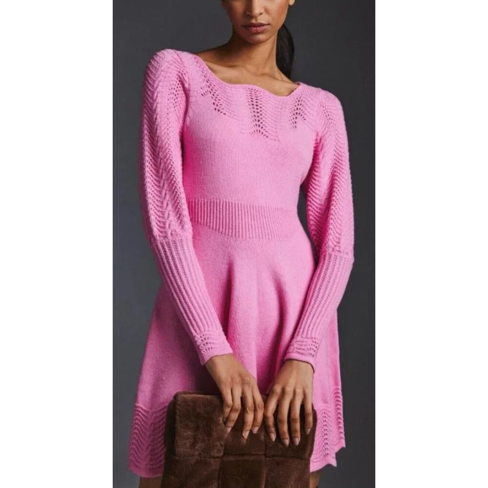 Anthropologie Pointelle Sweater Dress Pink Wool Blend Xsmall